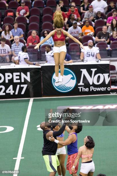 Members of the Gladiators Stunt Team perform following the third quarter of the Arena League Football game between the Baltimore Brigade and...