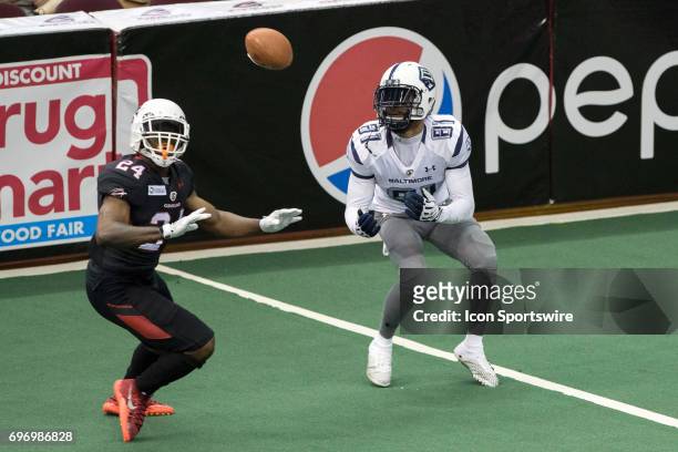 Baltimore Brigade WR Julian Talley makes a 29-yard touchdown catch against Cleveland Gladiators DB Jordan Holland during the third quarter of the...
