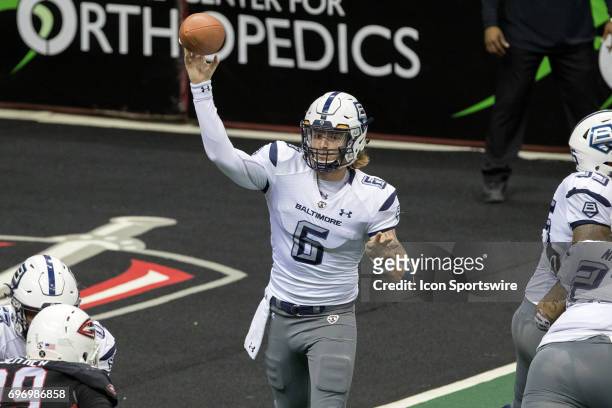 Baltimore Brigade QB Shane Carden throws a pass during the thrid quarter of the Arena League Football game between the Baltimore Brigade and...