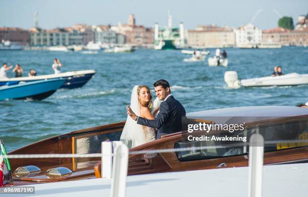 Italian model Alice Campello and Spanish professional footballer Alvaro Morata leave Redentore Church after their wedding on June 17, 2017 in Venice,...