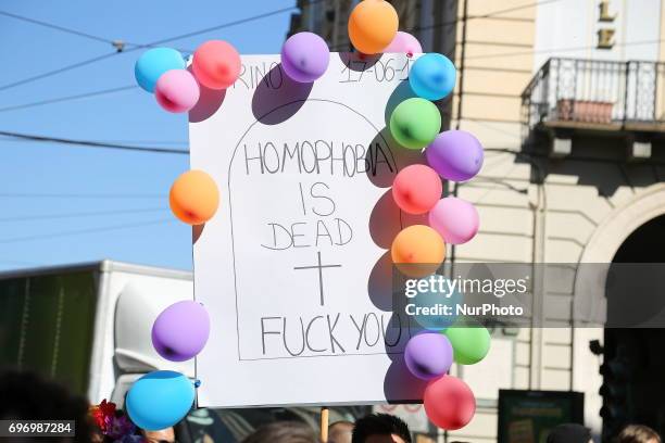 Thousands of members of the LGBTQI communities and supporters of gay rights take part at Piemonte Pride on 17 june 2017 in Turin, Italy.