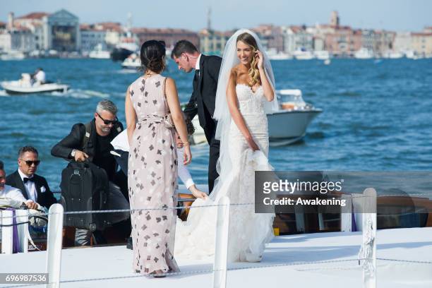 Italian model Alice Campello arrives for her wedding to Spanish professional footballer Alvaro Morata at the Redentore Church on June 17, 2017 in...