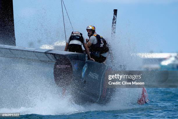 Oracle Team USA skippered by Jimmy Spithill in action during day 1 of the America's Cup Match Presented by Louis Vuitton on June 17, 2017 in...