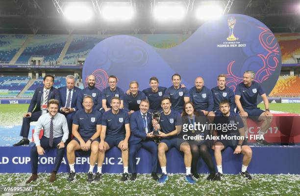 England team staff celebrate with the trophy after the FIFA U-20 World Cup Korea Republic 2017 Final match between Venezuela and England at Suwon...