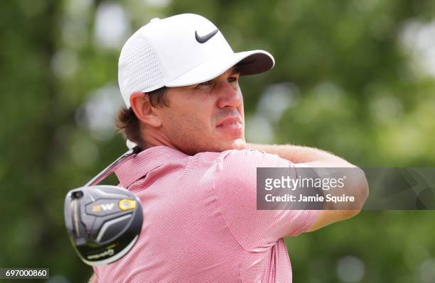 Brooks Koepka of the United States plays his shot from the fourth tee during the third round of the 2017 U.S. Open at Erin Hills on June 17, 2017 in...