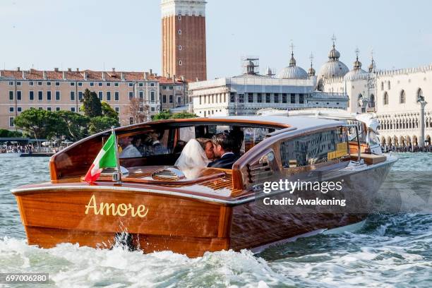 Italian Model Alice Campello and Spanish professional footballer Alvaro Morata leave Redentore Church after their wedding on June 17, 2017 in Venice,...