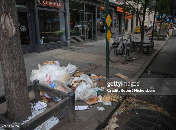 Garbage ripped open by rats sits in front of Chipotle's restaurant on Court Street June 16, 2017 in Brooklyn, New York. Numerous complaints about rat...