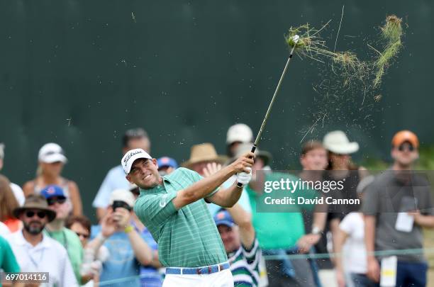 Bill Haas of the United States plays his third shot at the par 5, first hole during the third round of the 117th US Open Championship at Erin Hills...