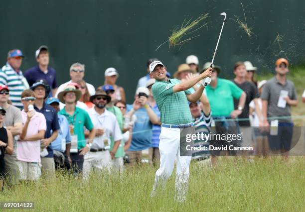 Bill Haas of the United States plays his third shot at the par 5, first hole during the third round of the 117th US Open Championship at Erin Hills...