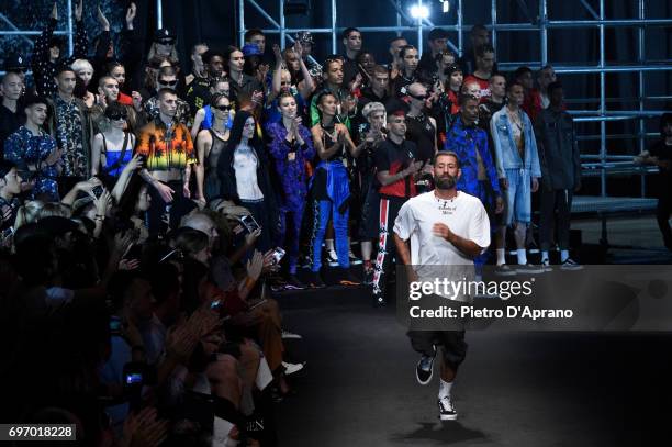 Designer Marcelo Burlon and models acknowledges the applause of the audience at the Marcelo Burlon County Of Milan show during Milan Men's Fashion...