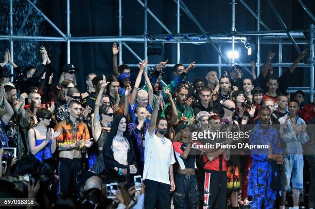 Designer Marcelo Burlon and models acknowledges the applause of the audience at the Marcelo Burlon County Of Milan show during Milan Men's Fashion...