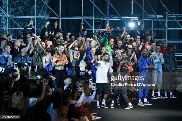 Designer Marcelo Burlon and models acknowledge the applause of the audience at the Marcelo Burlon County Of Milan show during Milan Men's Fashion...