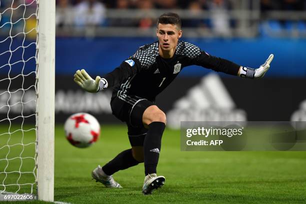 Spain's goalkeeper Kepa Arrizabalaga reacts during the UEFA U-21 European Championship Group B football match Spain v Macedonia in Gdynia, Poland on...