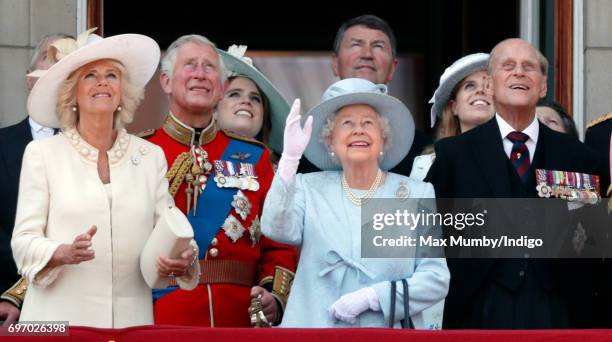 Camilla, Duchess of Cornwall, Prince Charles, Prince of Wales, Queen Elizabeth II and Prince Philip, Duke of Edinburgh watch the flypast from the...