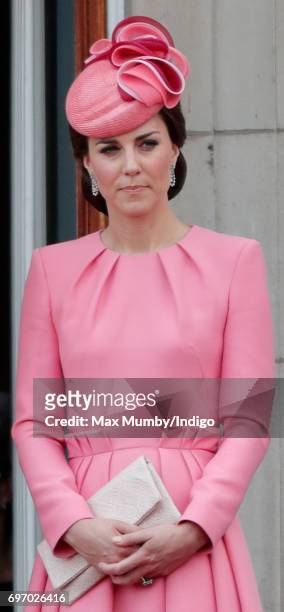 Catherine, Duchess of Cambridge stands on the balcony of Buckingham Palace during the annual Trooping the Colour Parade on June 17, 2017 in London,...