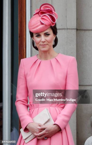 Catherine, Duchess of Cambridge stands on the balcony of Buckingham Palace during the annual Trooping the Colour Parade on June 17, 2017 in London,...