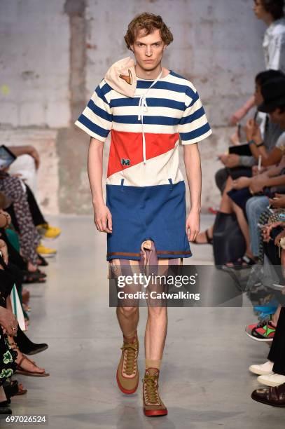 Model walks the runway at the Marni Spring Summer 2018 fashion show during Milan Menswear Fashion Week on June 17, 2017 in Milan, Italy.