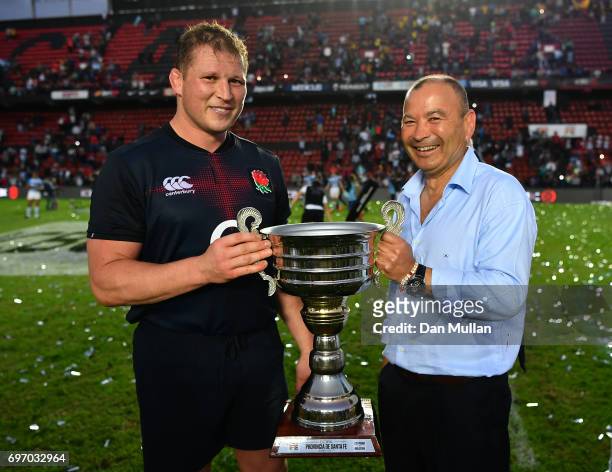 Dylan Hartley of England celebrates with Eddie Jones, Head Coach of England following victory during the ICBC Cup match between Argentina and England...