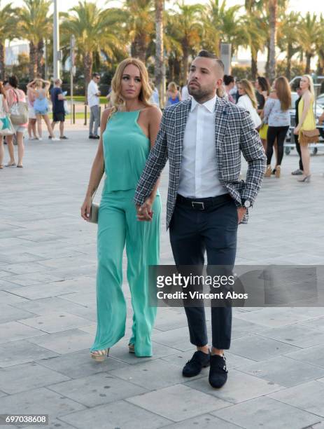 Romarey Ventura and Jordi Alba are seen arriving at the Hotel W on June 17, 2017 in Barcelona, Spain.