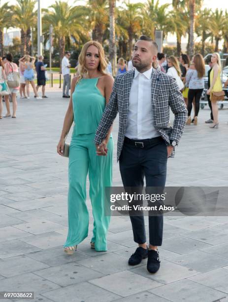 Romarey Ventura and Jordi Alba are seen arriving at the Hotel W on June 17, 2017 in Barcelona, Spain.