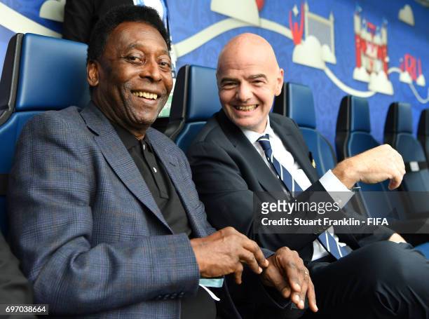 Brazilian football legend Pele talks with FIFA president Gianni Infantino prior to the FIFA Confederations Cup Group A match between Russia and New...