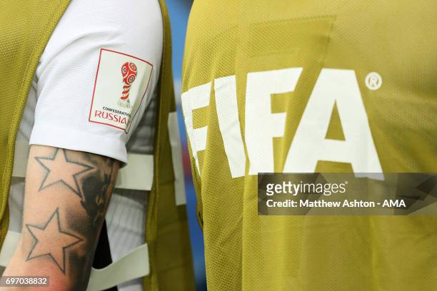 Confederations Cup Russia 2017 logo on the shirt of a of New Zealand player during the Group A - FIFA Confederations Cup Russia 2017 match between...