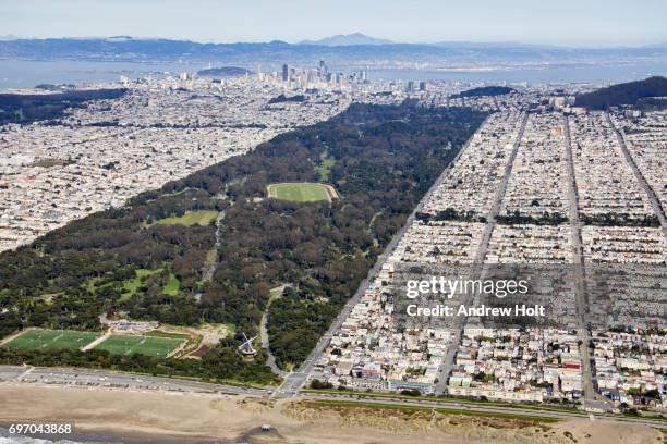 aerial photography view north-east of golden gate park, south sunset district, san francisco bay area. california, united states. - golden gate park stock-fotos und bilder
