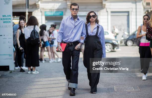 Couple Jimmy Q and Jet Luna is seen outside Diesel during Milan Men's Fashion Week Spring/Summer 2018 on June 17, 2017 in Milan, Italy.