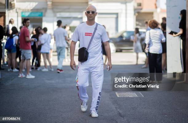 Alessandro Altomare is seen outside Diesel during Milan Men's Fashion Week Spring/Summer 2018 on June 17, 2017 in Milan, Italy.