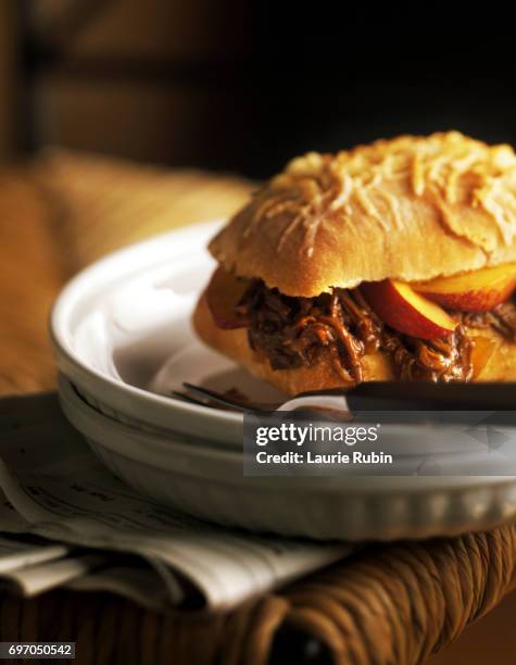 pulled pork  with peaches on crusty bread - bbq sandwich stock pictures, royalty-free photos & images