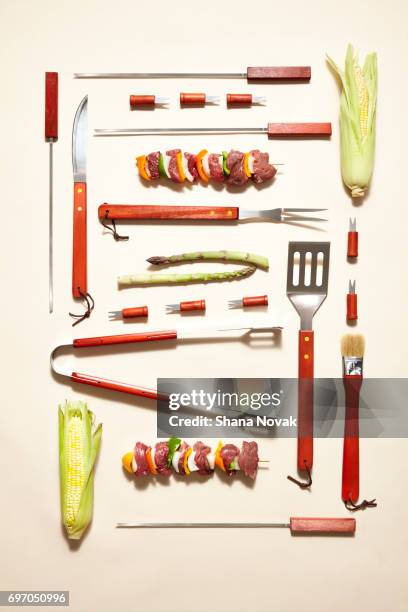 bbq on a grid - knolling concept stock pictures, royalty-free photos & images