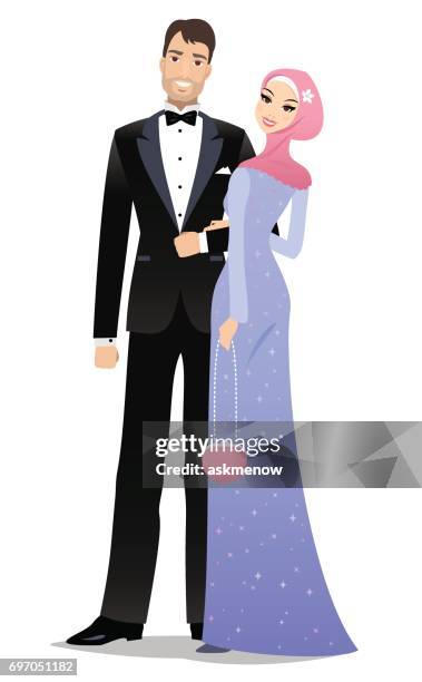 happy muslim couple - front on groom and bride stock illustrations