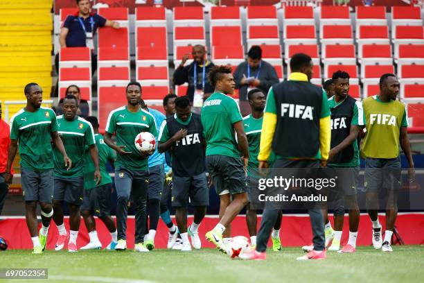 Players of the Cameroon national football team attend a training session at Otkrytiye Arena in Moscow, Russia, on June17, 2017. Cameroon will face...
