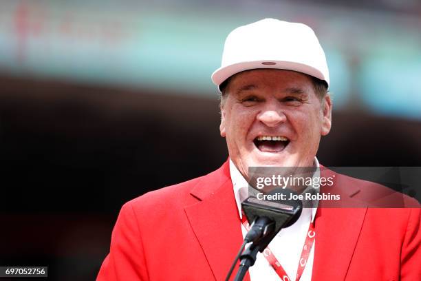 Former Cincinnati Reds great Pete Rose reacts during a statue dedication ceremony prior to a game against the Los Angeles Dodgers at Great American...