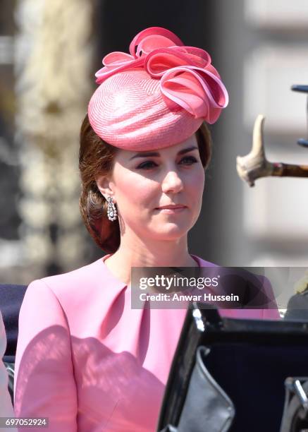 Catherine, Duchess of Cambridge leaves Buckingham Palace in an open carriage to attend the annual Trooping the Colour ceremony on June 17, 2017 in...