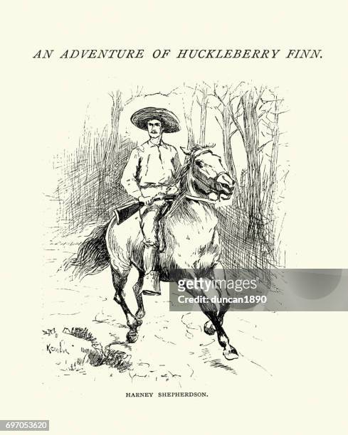 ilustrações, clipart, desenhos animados e ícones de aventura de huckleberry finn, harney shepherdson - huckleberry finn