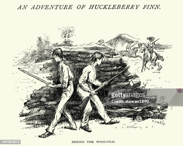 ilustrações, clipart, desenhos animados e ícones de aventura de huckleberry finn, por trás da pilha de madeira - huckleberry finn