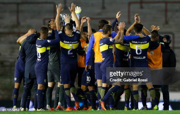 Players of Boca Juniors celebrate after wining the match between Aldosivi and Boca Juniors as part of Torneo Primera Division 2016/17 at Jose Maria...
