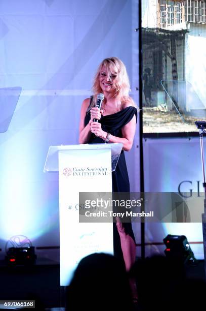 Pamela Anderson holds a speech during The Costa Smeralda Invitational Gala Dinner at Cala di Volpe Hotel - Costa Smeralda on June 17, 2017 in Olbia,...