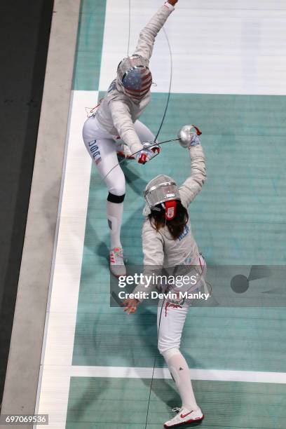 Monica Aksamit of the USA fences against Julieta Toledo of Mexico during the gold medal match in the Team Women's Sabre event on June 17, 2017 at the...