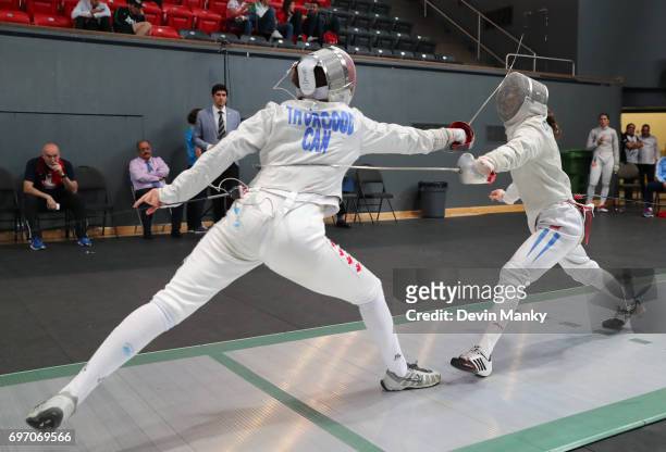 Madison Thurgood of Canada fences Maria Alicia Perroni of Argentina during the Team Women's Sabre event on June 17, 2017 at the Pan-American Fencing...