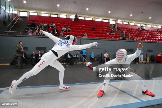 Maxime Brinck-Croteau of Canada fences Jason Pryor of the USA during the bronze medal match of the Team Men's Epee event on June 17, 2017 at the...