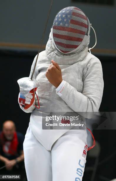 Ibtihaj Muhammad of the USA celebrates making a touch during the Team Women's Sabre event on June 17, 2017 at the Pan-American Fencing Championships...