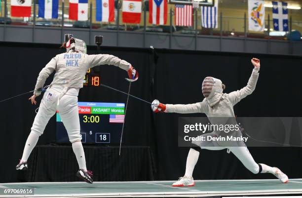 Paola Pliego of Mexico fences Monica Aksamit of the USA during the gold medal match of the Team Women's Sabre event on June 17, 2017 at the...