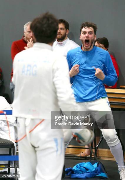 Alessandro Taccani of Argentina screams at his teammates during the Team Men's Epee event on June 17, 2017 at the Pan-American Fencing Championships...