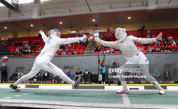 Anne-Elizabeth Stone ofthe USA fences against Julieta Toledo of Mexico during the gold medal match of the Team Women's Sabre event on June 17, 2017...