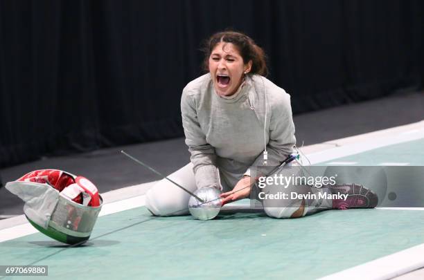 Paola Pliego of Mexico celebrates making the winning touch during the gold medal match in the Team Women's Sabre event on June 17, 2017 at the...