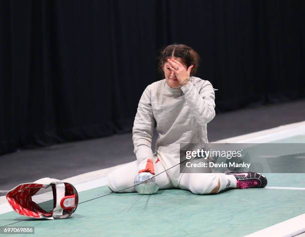 Paola Pliego of Mexico celebrates making the winning touch during the gold medal match in the Team Women's Sabre event on June 17, 2017 at the...