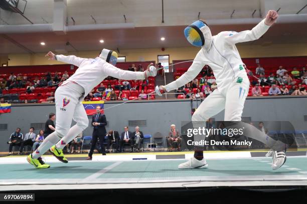 Jesus Limardo of Venezuela fences against Alessandro Taccani of Argentina during the gold medal match in the Team Men's Epee event on June 17, 2017...