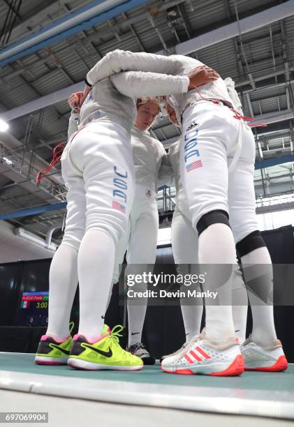 The USA Women's Sabre team prepare to fence in the gold medal match during the Team Women's Sabre event on June 17, 2017 at the Pan-American Fencing...